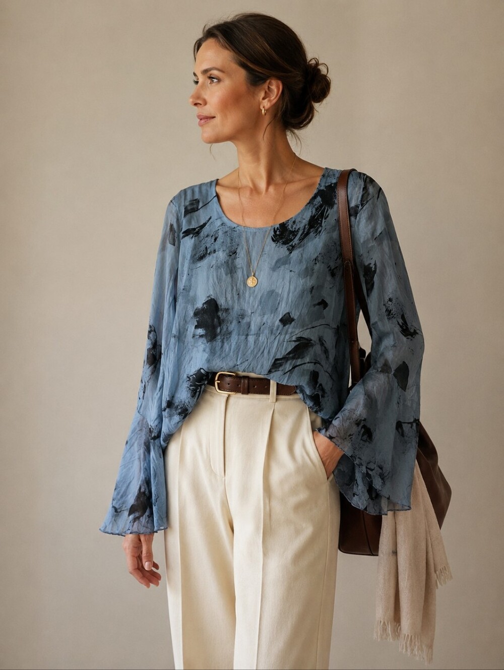 Tendenze 100% Silk Watercolor Blouse Size L Blue Made In Italy